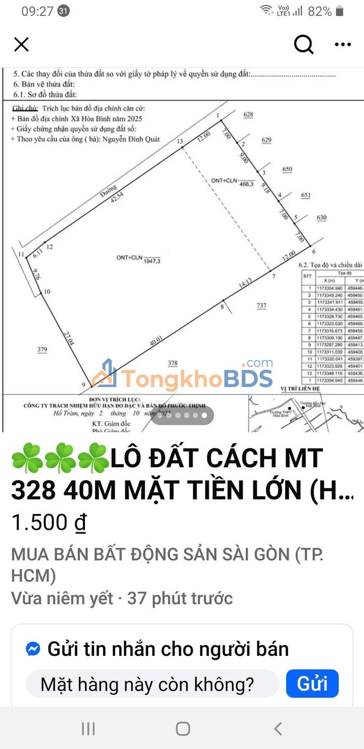 Đất nền Hòa Bình Xuyên Mộc 468m² 1.5 tỷ - Đường ô tô