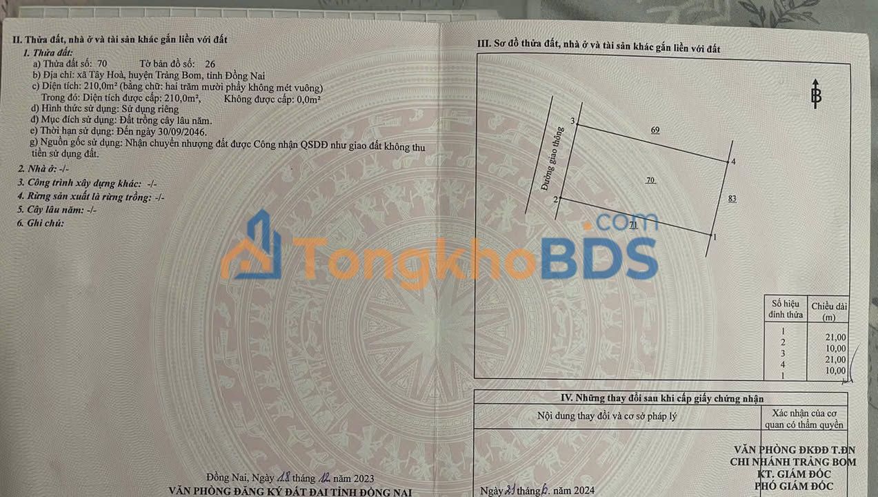 Bán đất sổ hồng riêng 210m² Tây Hòa, Trảng Bom - Giá 1 tỷ