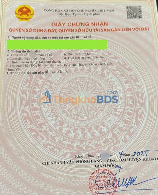 Đất nền Khoái Châu 67.6m² - Sổ đỏ chính chủ, ô tô vào tận nơi