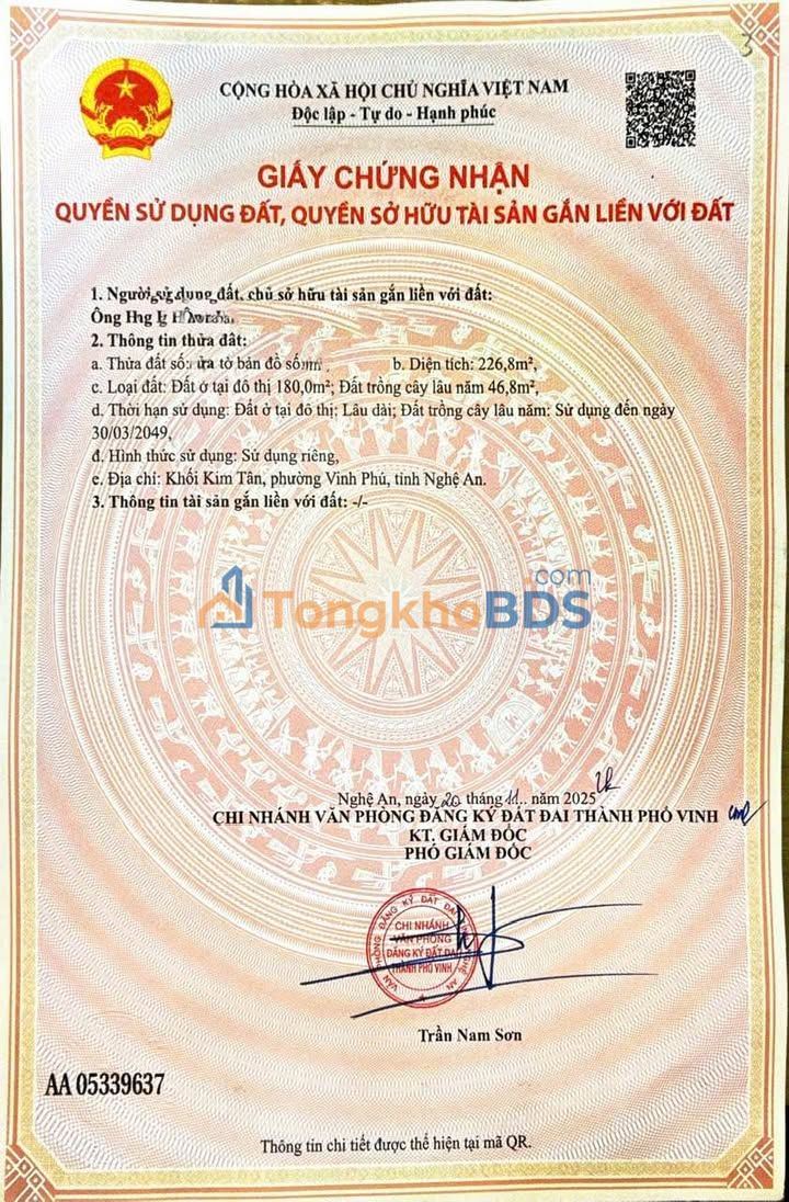 Bán đất mặt đường Phạm Chinh Nghi Ân, TP Vinh 226.8m² - Lộ giới 8m