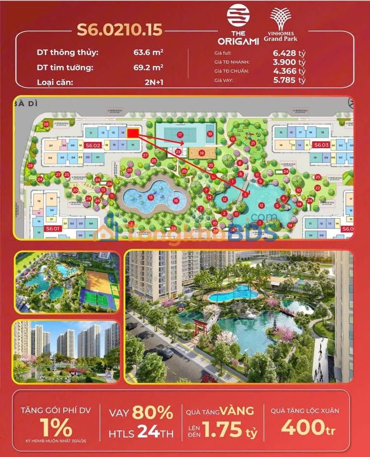Căn hộ 63.6m² The Origami - Giá 3.9 tỷ, View công viên nội khu
