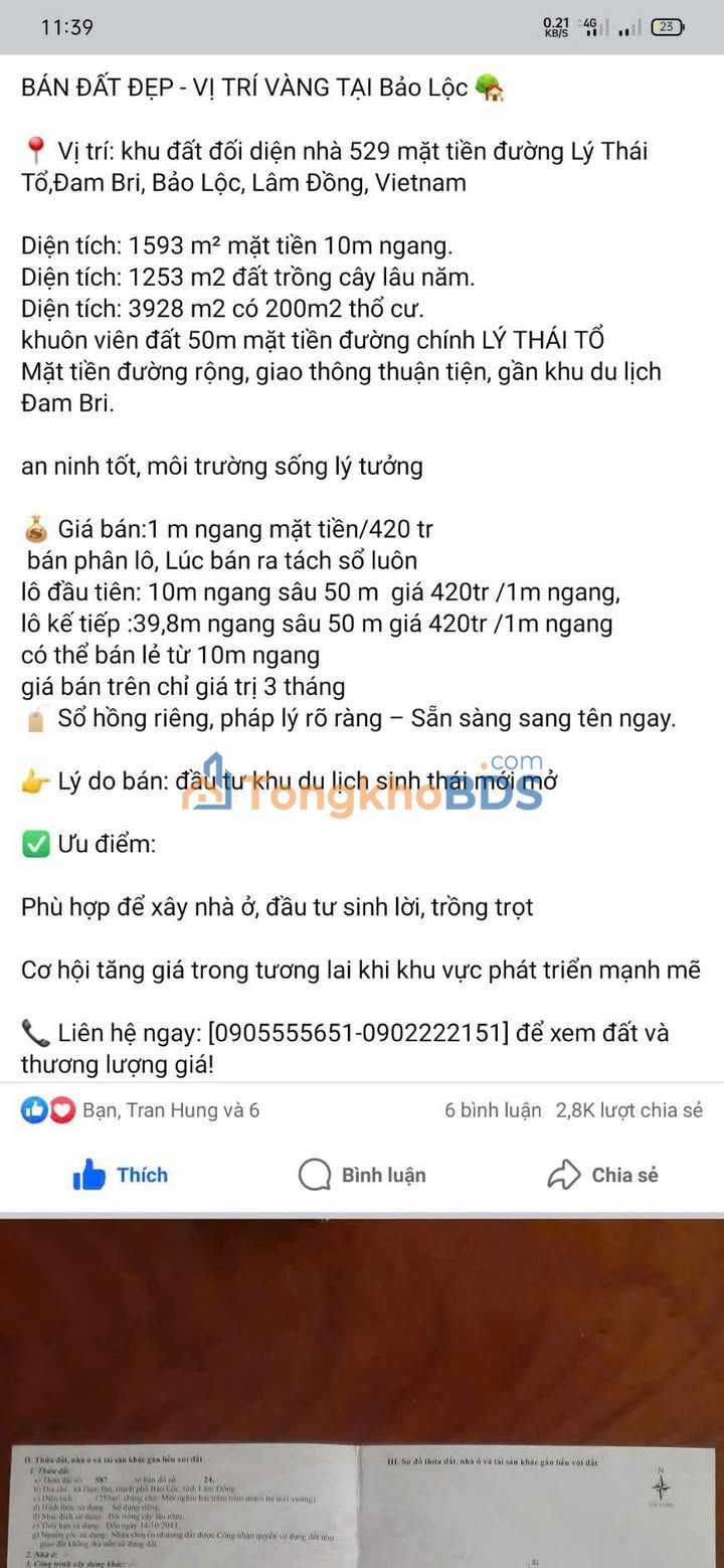 Đất Nền Chính Chủ Bảo Lộc - Mặt Tiền Lý Thái Tổ, 500m², Sổ Hồng