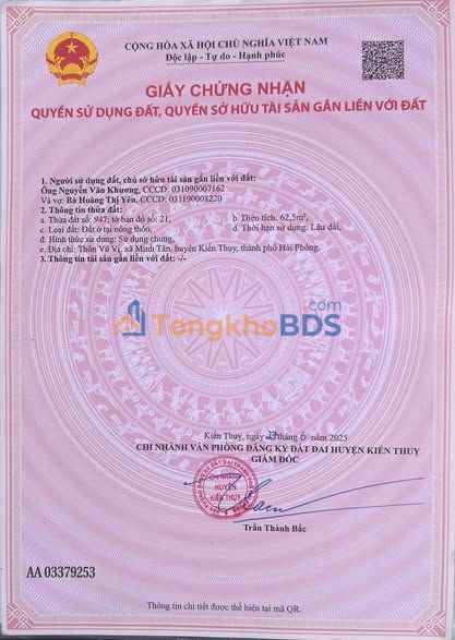 Đất nền Vũ Vị Kiến Thuỵ 63m² 0,8 tỷ - Sổ đỏ chính chủ