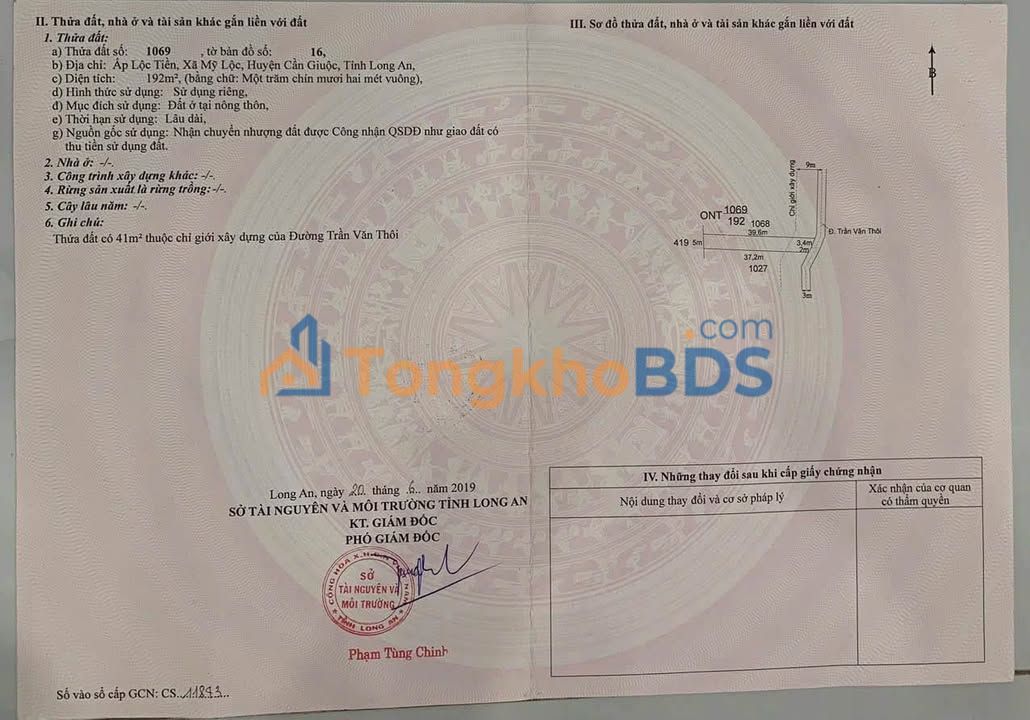 Đất nền 190m² mặt tiền đường Trần Văn Thôi, Cần Giuộc - Giá 1.35 tỷ, xây dựng tự do