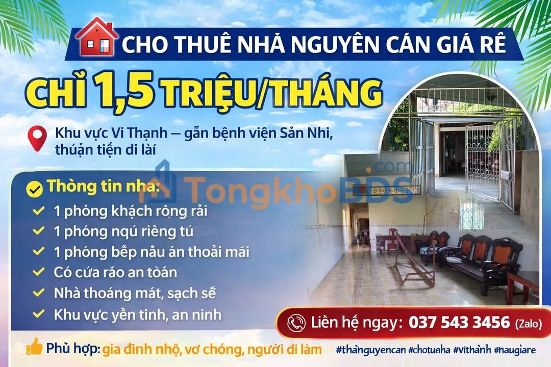 Cho thuê nhà Vị Thanh 1PN - Giá chỉ 1.5 triệu/tháng, gần BV Sản Nhi
