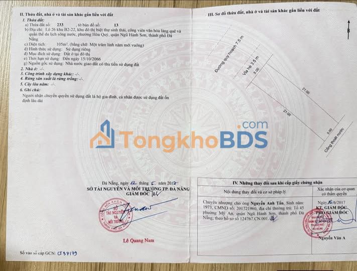 Đất nền bờ Quan 10 Hòa Xuân 105m² 7 tỷ - Sổ đỏ chính chủ