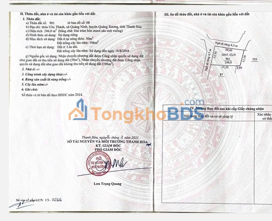 Đất nền Quảng Ninh, Thanh Hóa 245m² - Sổ đỏ sẵn, giá chỉ 8xx triệu