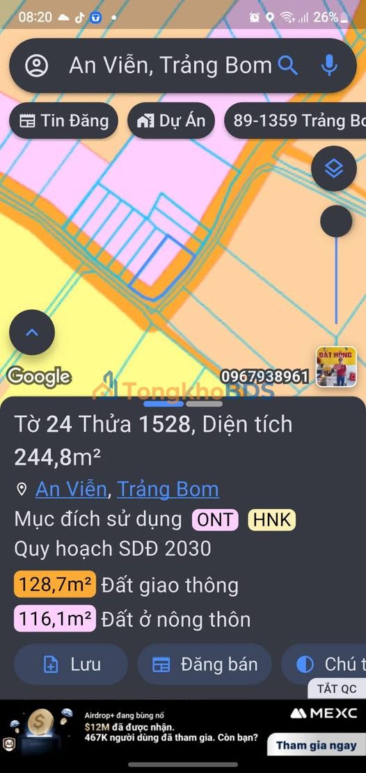Đất Lô Góc 2 Mặt Tiền 244.6m² Sổ Riêng Đường DT777, Trảng Bom - Giá 850 Triệu