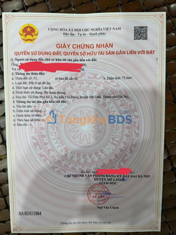 Đất nền Chi Đông - Mê Linh 75.6m² - Sổ đỏ sẵn sàng - Giá 3 tỷ