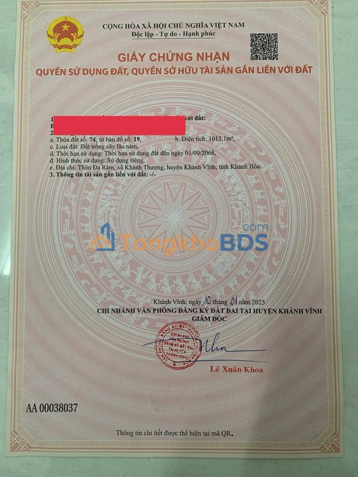 Đất Nền Khánh Thượng - Sổ Đỏ 1013m² - Giá F0 225 Triệu