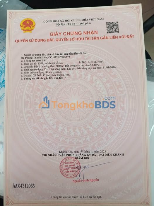 Bán Đất Diên An, Khánh Hòa - 113.4m² Thổ Cư, Hướng Nam, Giá 1.9 Tỷ