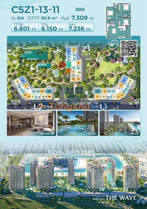 Chung cư The Wave Gia Lâm 92.8m² - 3PN, View Resort, Giá Tốt