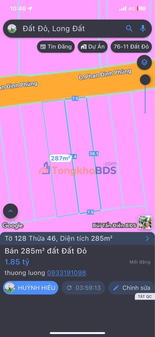 Đất thổ cư 285m² mặt tiền Phan Đình Phùng, Đất Đỏ - 1.8 tỷ