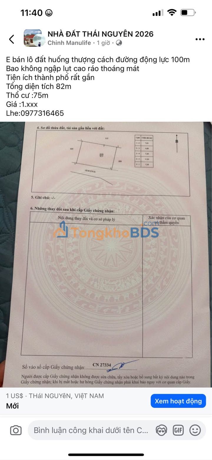 Đất Động Lực Thái Nguyên 82m² 1 tỷ - Sổ đỏ chính chủ