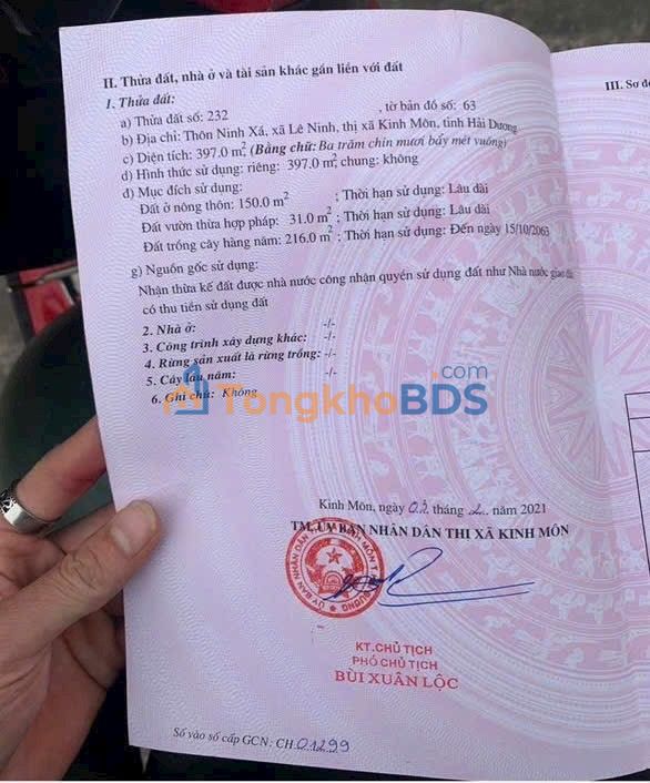 Đất TX Kinh Môn 397m²/1,7-1,8 tỷ - Sổ đỏ chính chủ