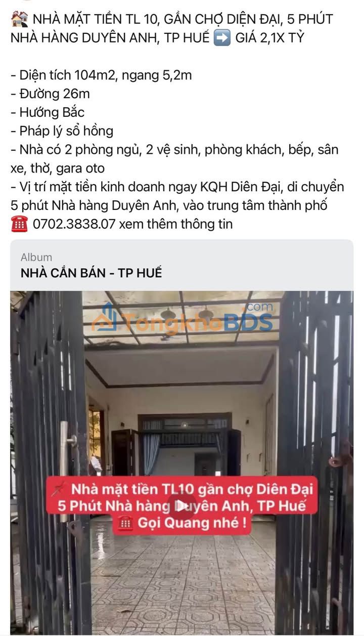 Nhà Mặt Tiền TL10, Huế - 104m² Kinh Doanh Đắc Lộc, 2.1 Tỷ