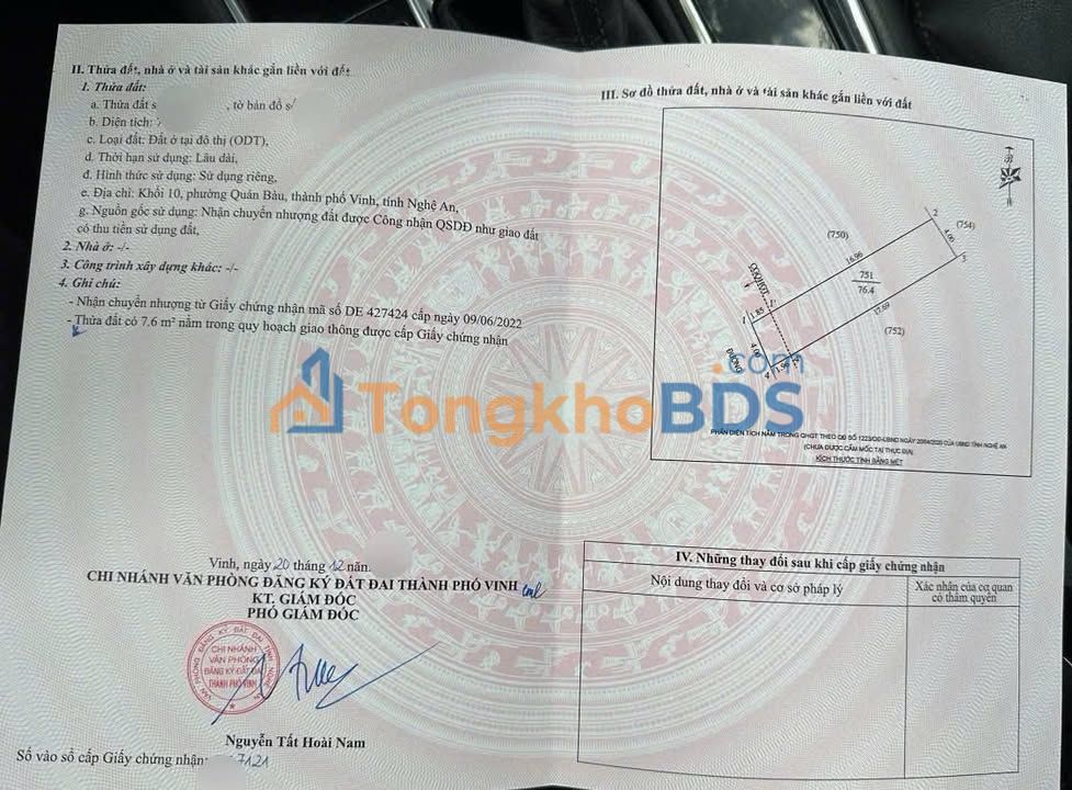 Đất nền Trung tâm TP Vinh - 76.4m² - Hướng Tây Nam - Sổ Hộ Khẩu Quán Bàu