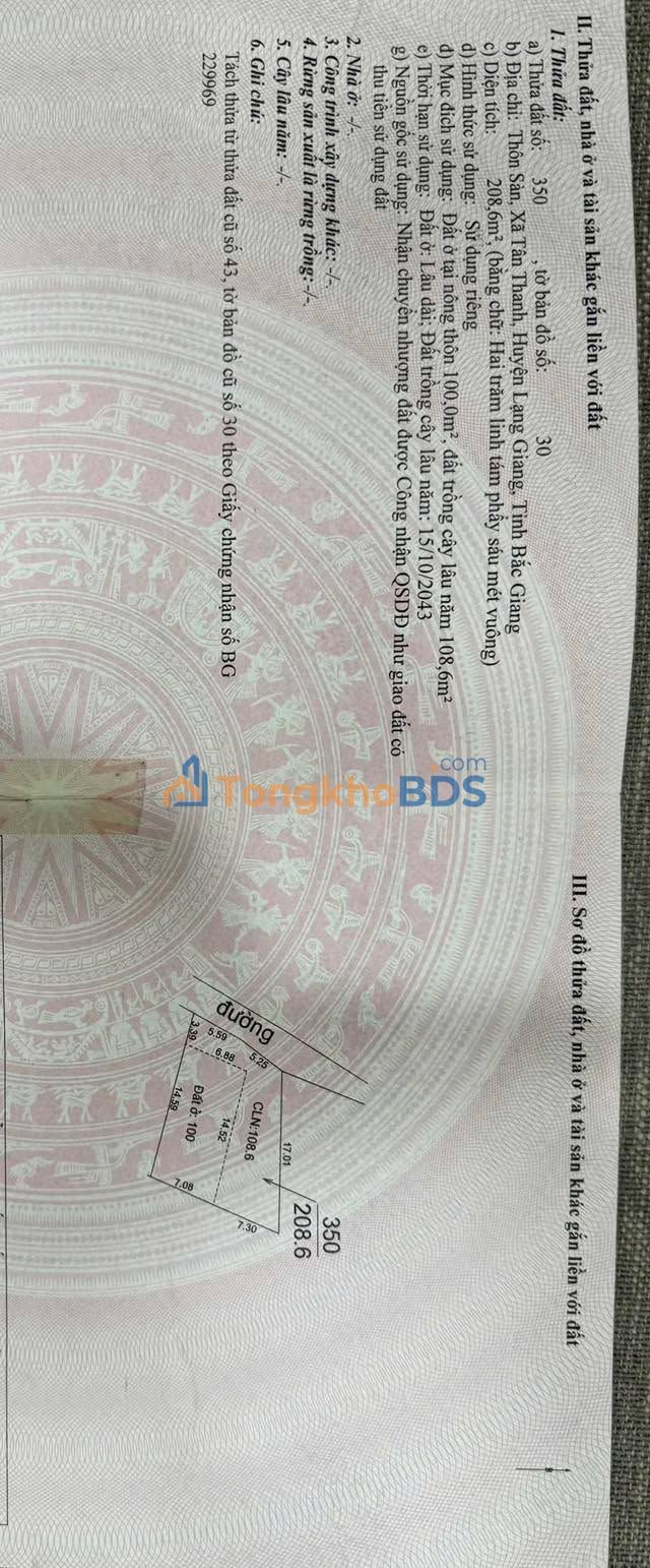 Bán đất thổ cư 208m² Xã Tân Thanh, TP Bắc Giang - Chính chủ, Sẵn sổ hồng