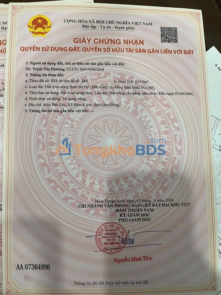 Đất nền Hàm Cường 624m² 650tr gần QL1A - Sổ hồng chính chủ