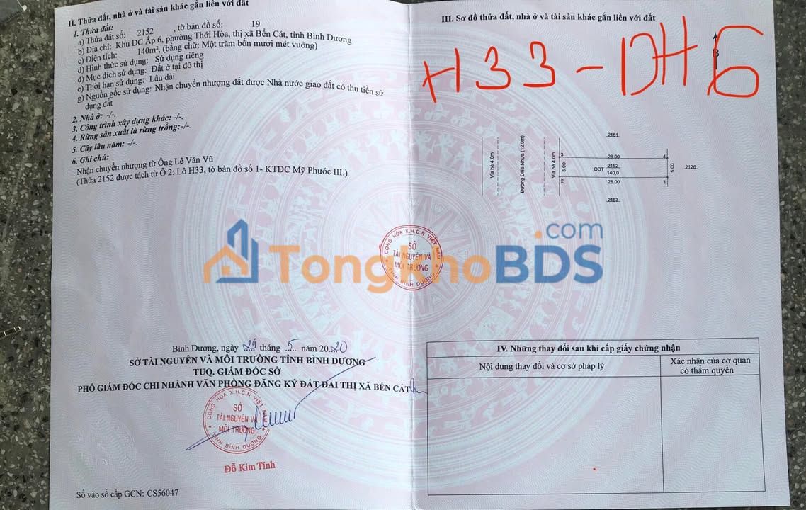 Đất nền Dh6 Bến Cát 140m² 2,5 tỷ - Sổ đỏ chính chủ
