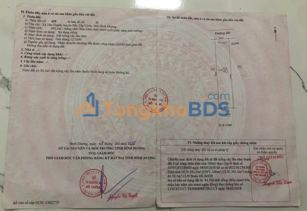 Đất nền Tân Thành Bắc Tân Uyên 490m² 2,7 tỷ sổ đỏ chính chủ