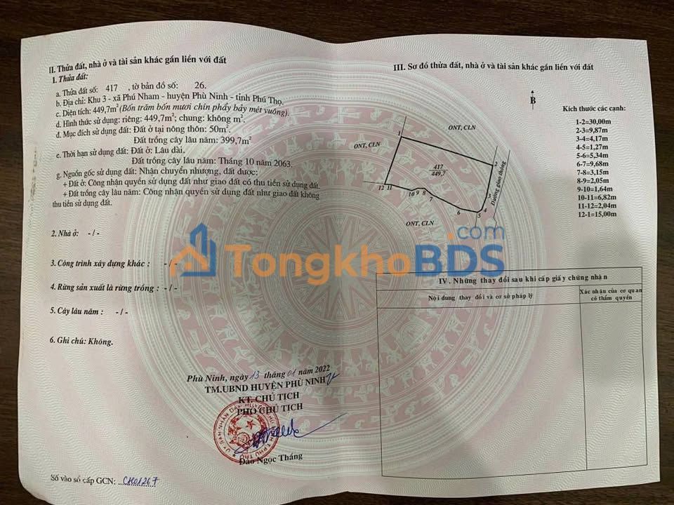 Đất nền Phú Nham Phù Ninh 450m² 1 tỷ - Sổ đỏ chính chủ