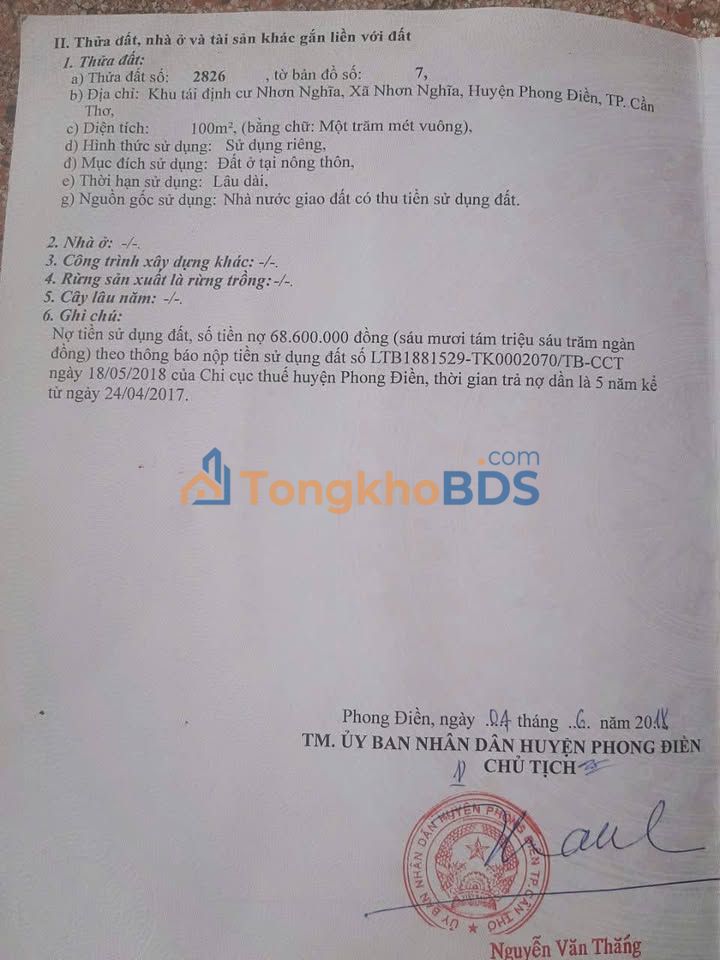 Đất nền Nhơn Ái Cần Thơ 100m2 giá 1.15 tỷ - Đường to ô tô