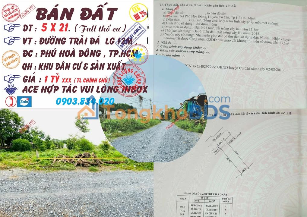 Đất nền Phú Hòa Đông Củ Chi 105m² 1 tỷ - Sổ đỏ chính chủ