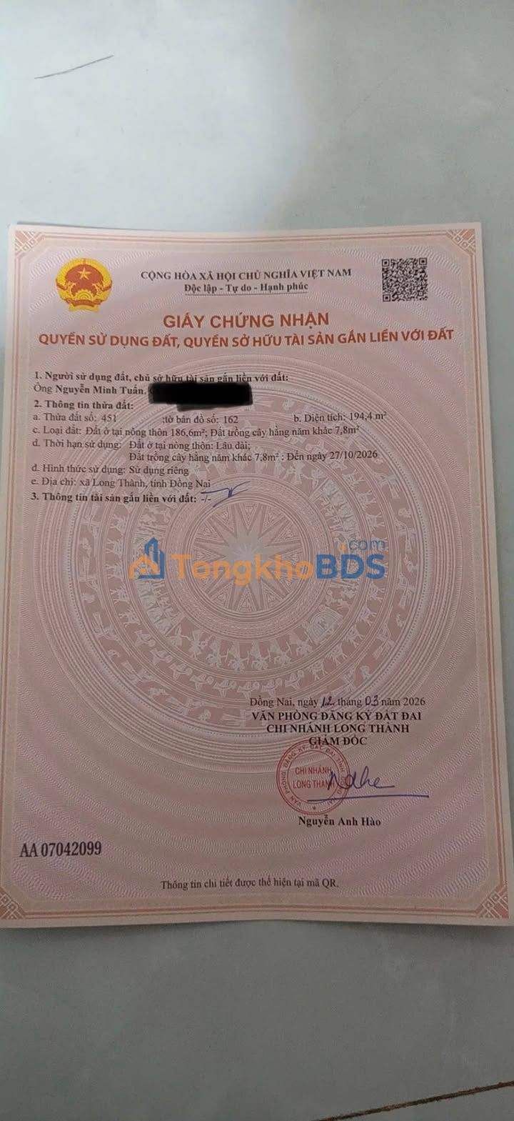 Đất Ấp 1 Bình Sơn Long Thành 186m² - Sổ đỏ chính chủ