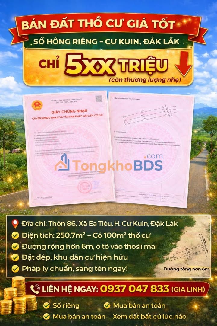 Đất thổ cư Ea Tiêu 250m² 5xx triệu – Sổ hồng riêng