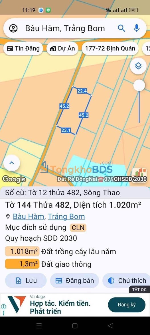 Bán Đất 1000m² MT 45m Trảng Bom, Đồng Nai - Giá Tốt 860 Triệu