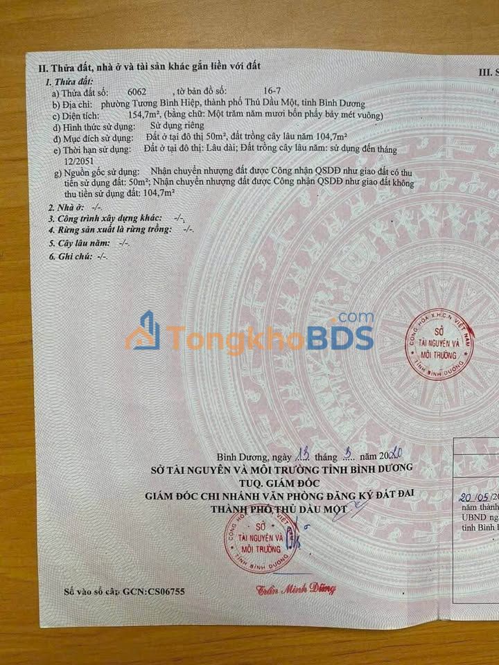 Đất Tương Bình Hiệp Hồ Văn Cống 158m² 1,6 tỷ - Sổ đỏ chính chủ