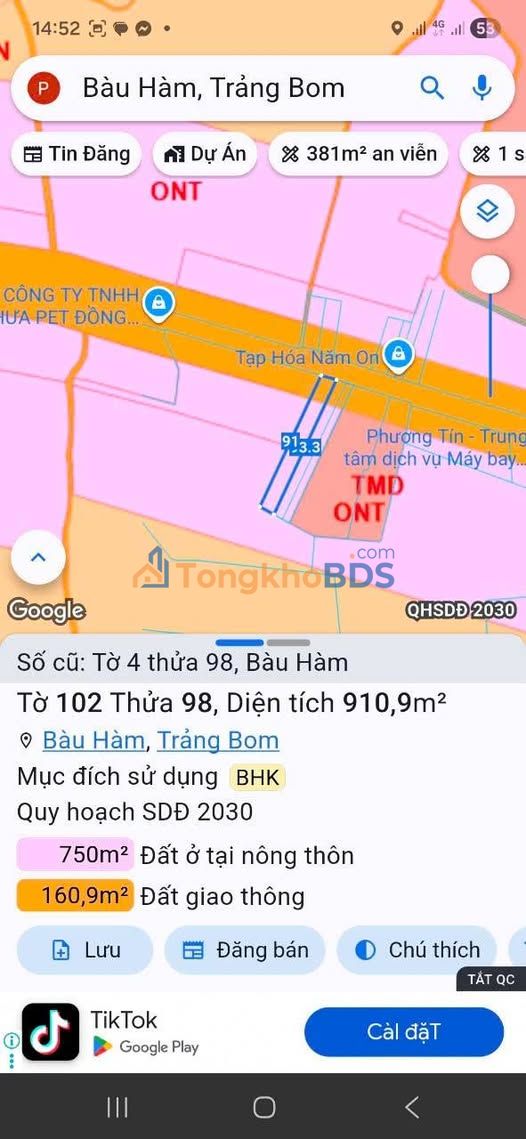 Đất nền Trảng Bom DT 910m² giá 2 tỷ - Sổ hồng chính chủ, xây tự do