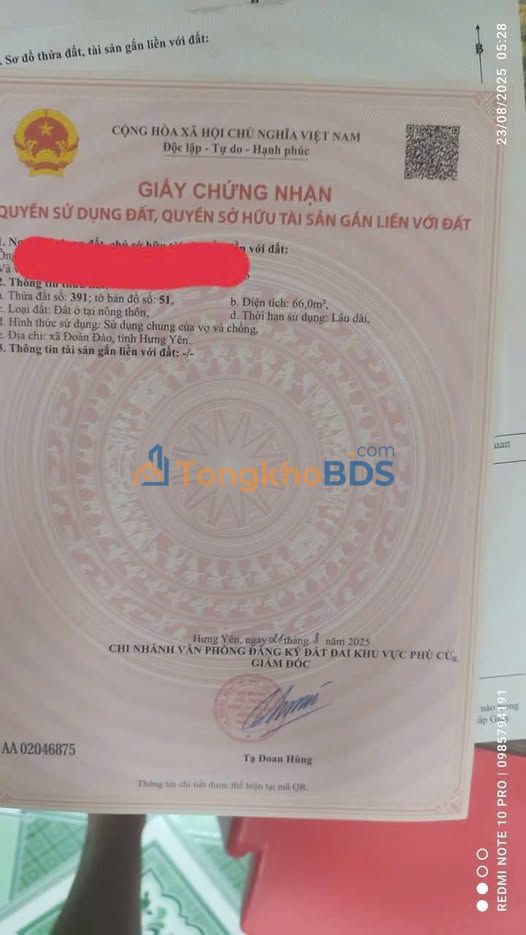 Đất nền Đoàn Đào Phù Cừ 66m² 800 triệu - Sổ đỏ chính chủ