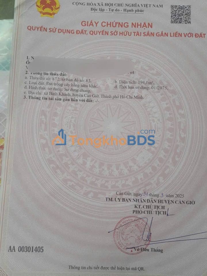 Đất nền Bình Khánh Cần Giờ 194m² 1.15 tỷ - Sổ đỏ chính chủ