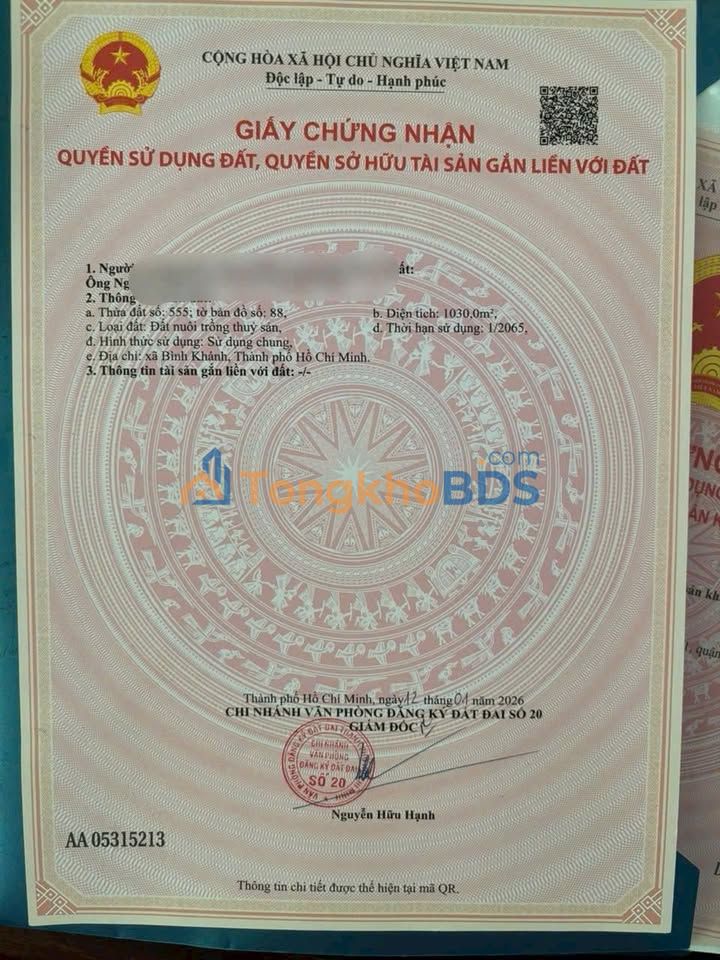 Đất Bình Khánh Cần Giờ 1000m² 1,9 tỷ - Sổ đỏ chính chủ