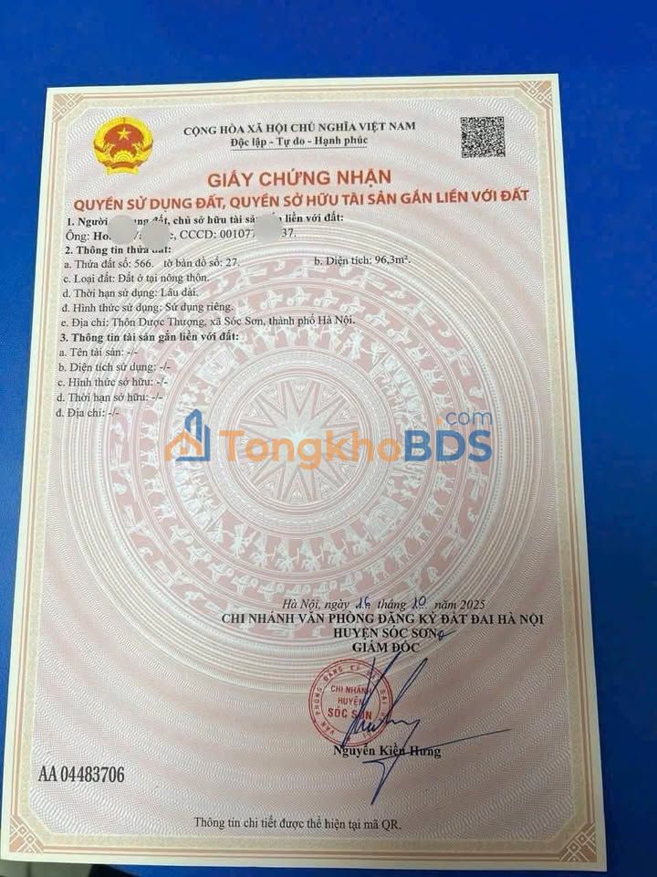 Đất nền Đông Xuân Sóc Sơn 96m² giá 4 tỷ - Sổ đỏ chính chủ