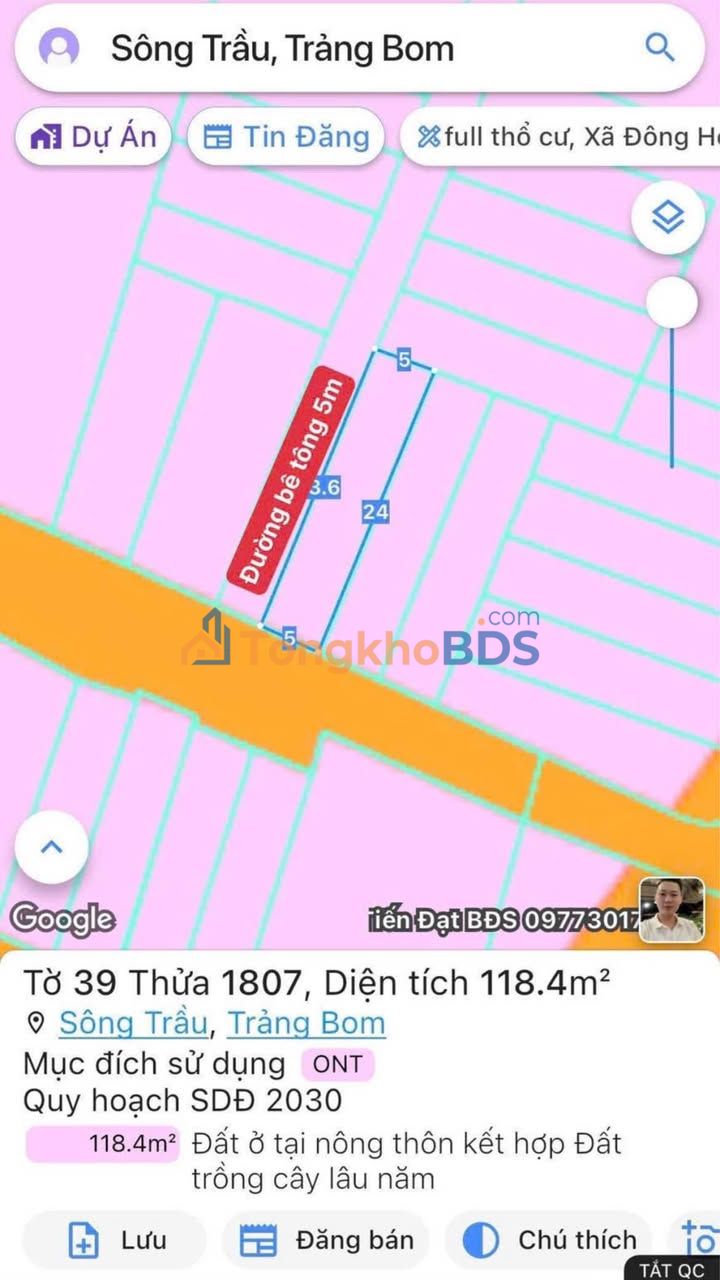 Đất nền Trảng Bom 120m² 1.15 tỷ - Đất thổ cư 100%