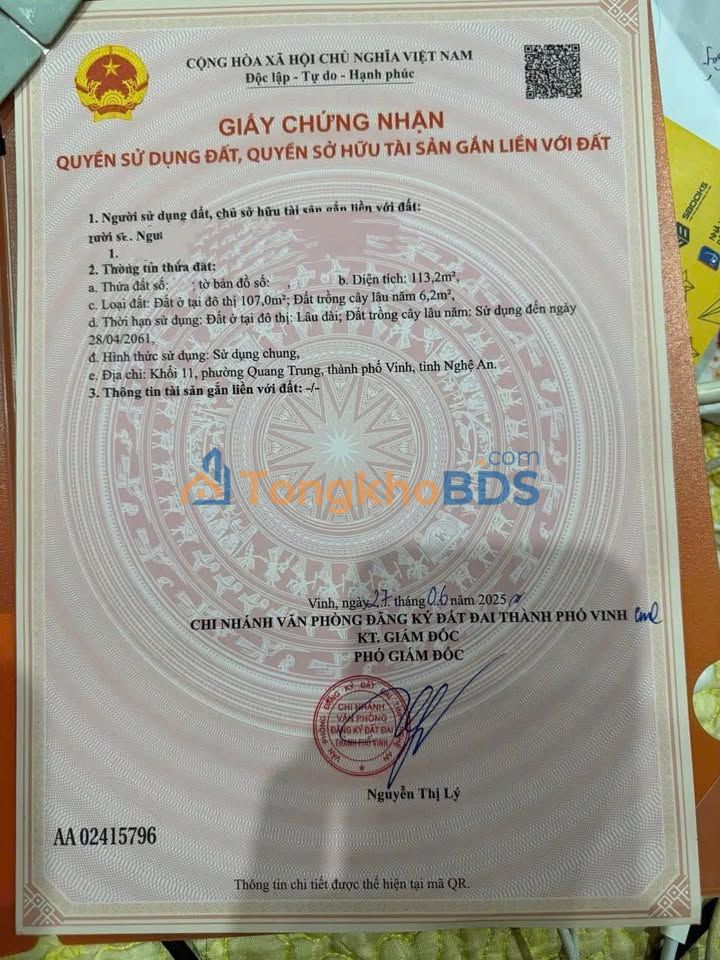Đất nền Quang Trung Vinh 113m² 4,03 tỷ - Đường to ô tô