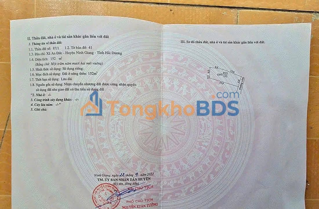 Đất nền An Đức Ninh Giang 152m² thỏa thuận - Sổ đỏ chính chủ