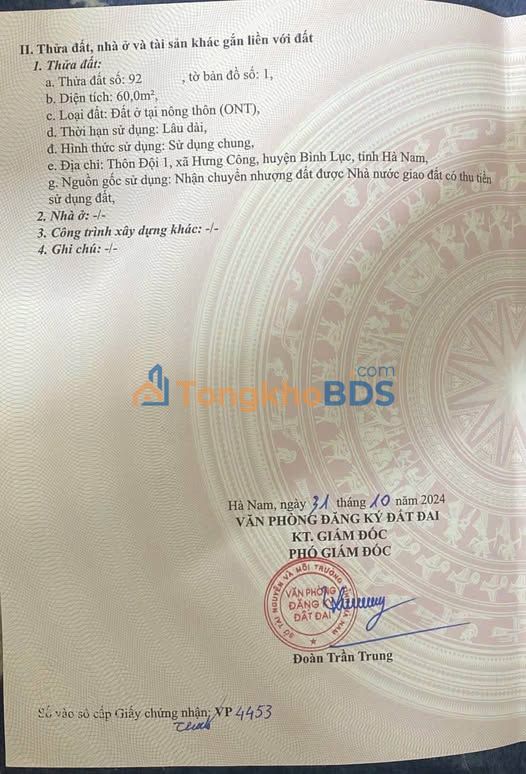 Đất Hưng Công Bình Lục 60m² 800 triệu - Sổ đỏ chính chủ
