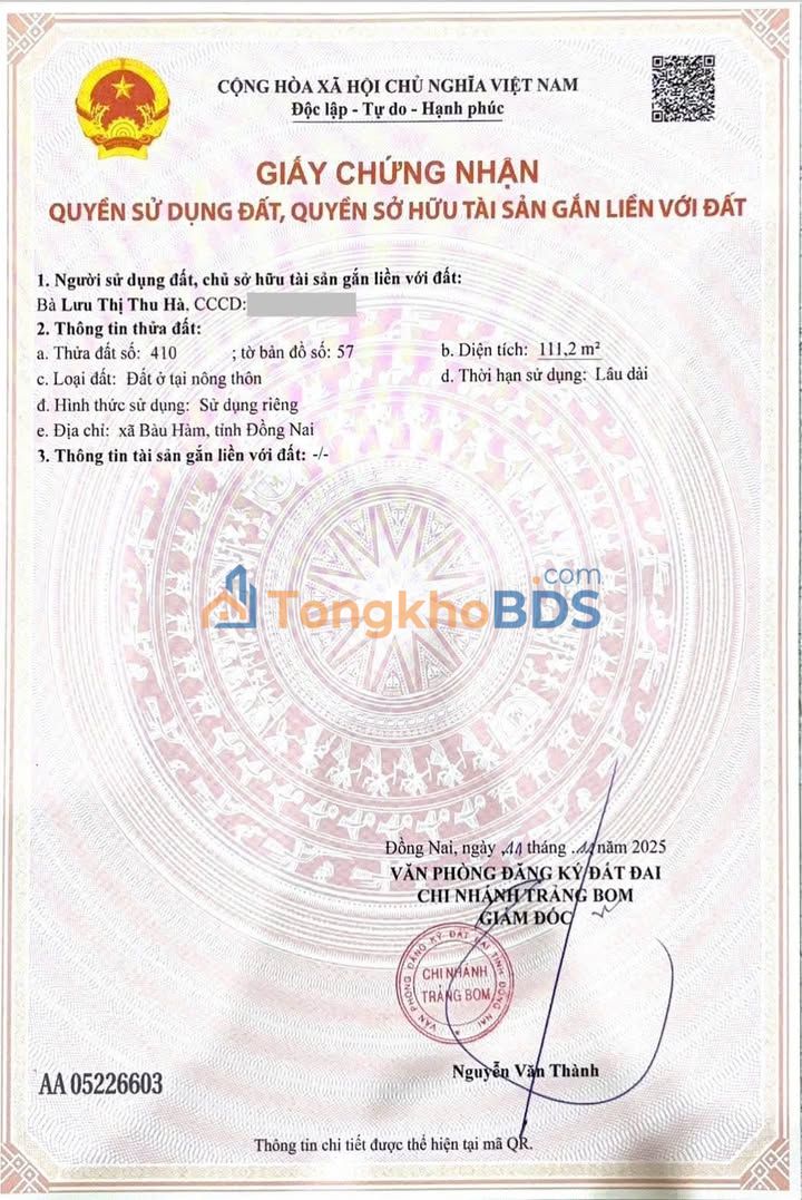 Đất Bàu Hàm Trảng Bom 111m2 690tr - Sổ hồng riêng