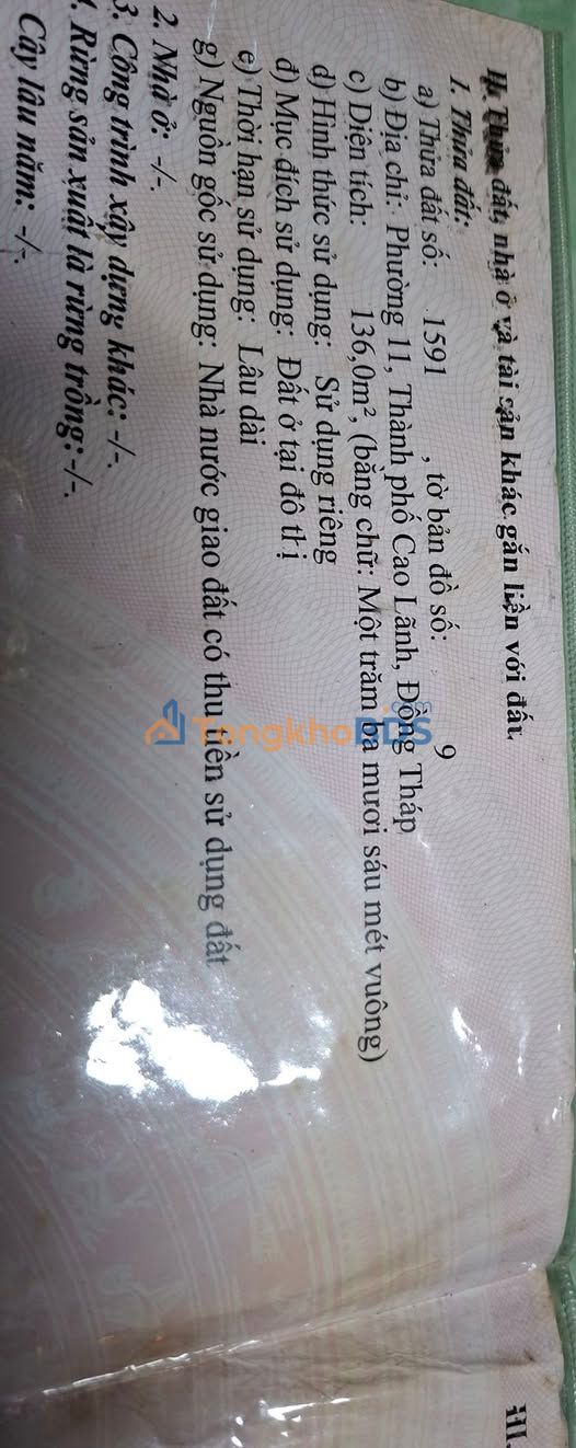 Đất thổ cư Cao Lãnh 136m² 780 triệu - Đất thổ cư 100%