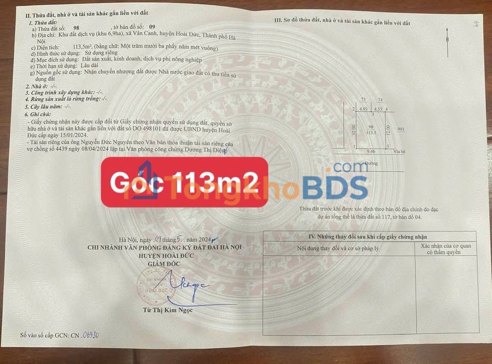 Đất Lô Góc 113.5m² Mặt Tiền 9.46m - Gần KĐT Hud Vân Canh, Hoài Đức