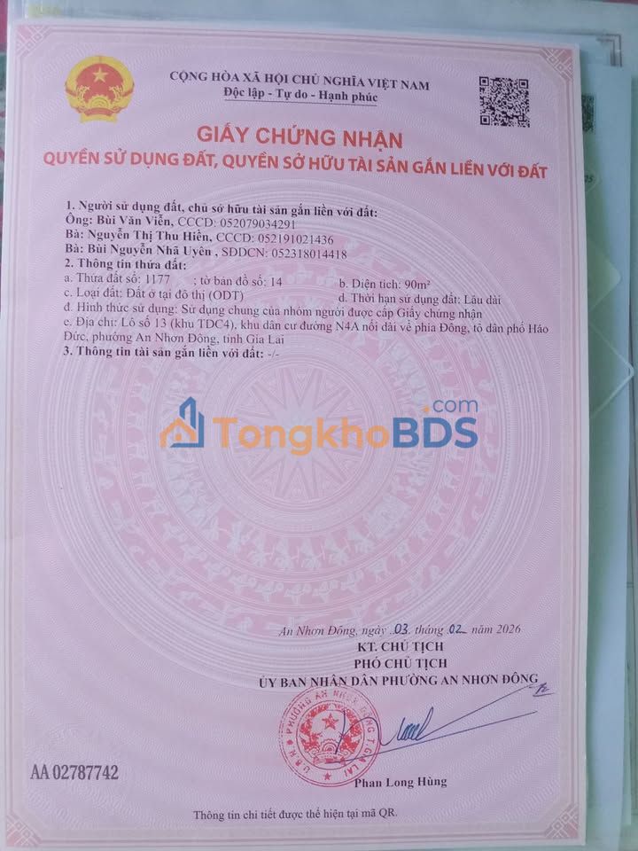 Đất tái định cư An Nhơn 90m² - 800 triệu, sổ đỏ chính chủ