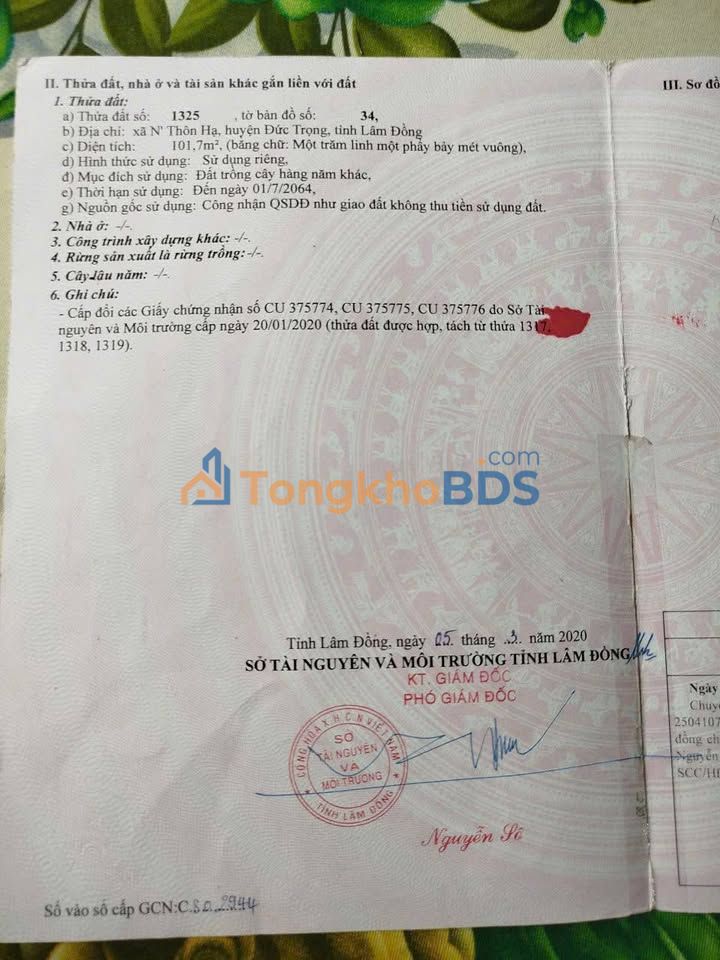 Đất thổ cư Tân Hội Đức Trọng 102m² 950tr – Pháp lý rõ ràng