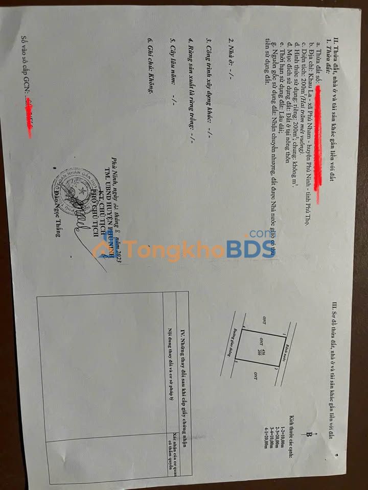 Đất thổ cư Phú Nham Cẩm Khê 200m² 1,2 tỷ - Đường ô tô tránh