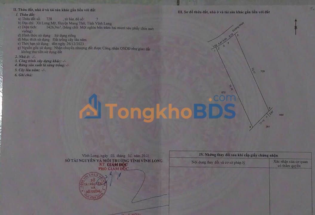 Đất nền Long Mỹ Mang Thít 1.427m² giá 2.854 tỷ - Sổ đỏ chính chủ