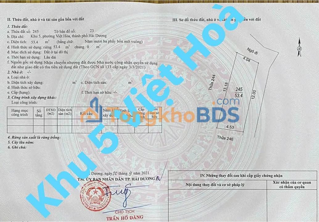 Đất nền Việt Hòa 53m² giá 1,3 tỷ - Sổ đỏ chính chủ