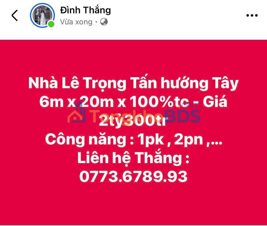 Nhà Lê Trọng Tấn 120m² 2.3 tỷ - Chính chủ bán